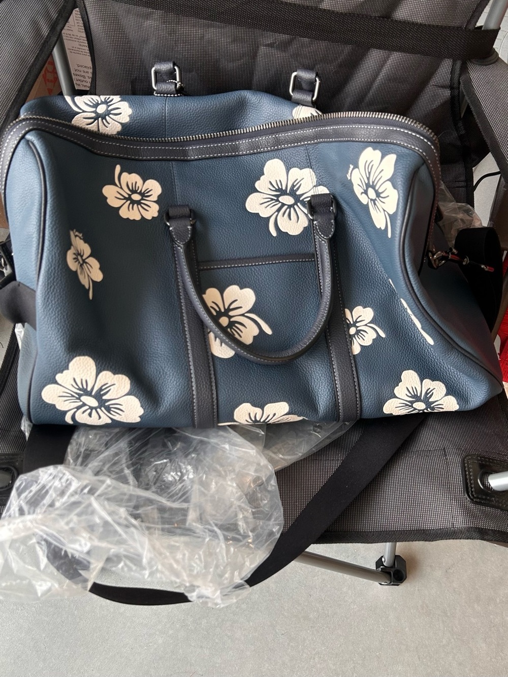 Coach Navy Floral Pebbled Leather Weekender